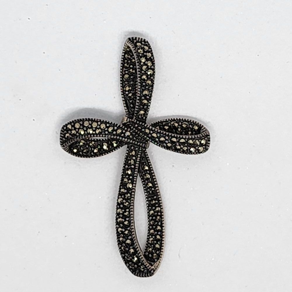 Vintage 925 Sterling Silver Marcasite Freestyle Cross Necklace Pendant Religious